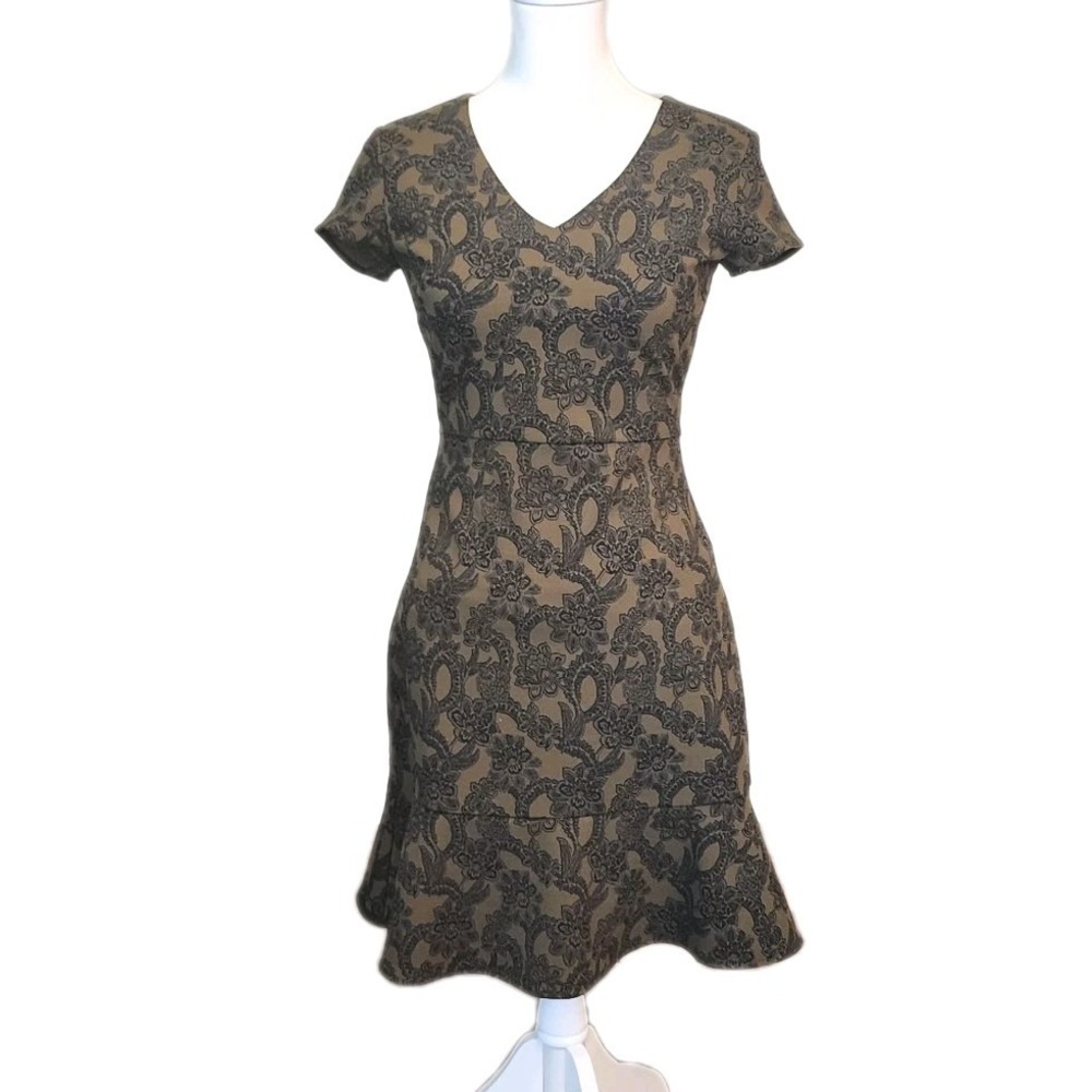 Banana‎ Republic Dress Womens 0P Olive Black Floral Flutter Hem Career Casual